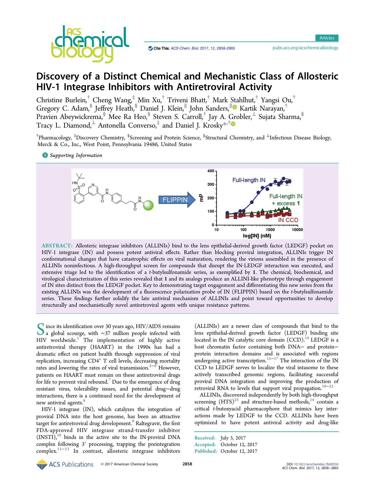 Discovery of a Distinct Chemical and Mechanistic Class of Allosteric HIV-1 Integrase Inhibitors with Antiretroviral Activity by unknow
