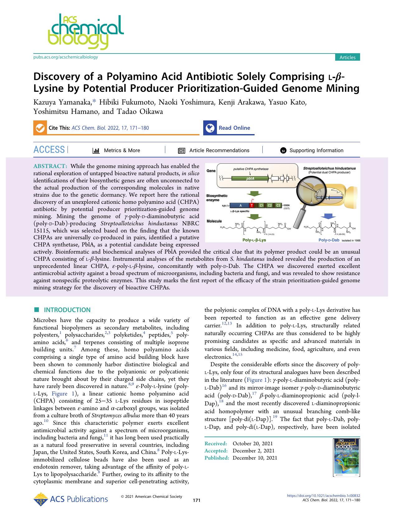 Discovery of a Polyamino Acid Antibiotic Solely Comprising l-Î²-Lysine by Potential Producer Prioritization-Guided Genome Mining by unknow