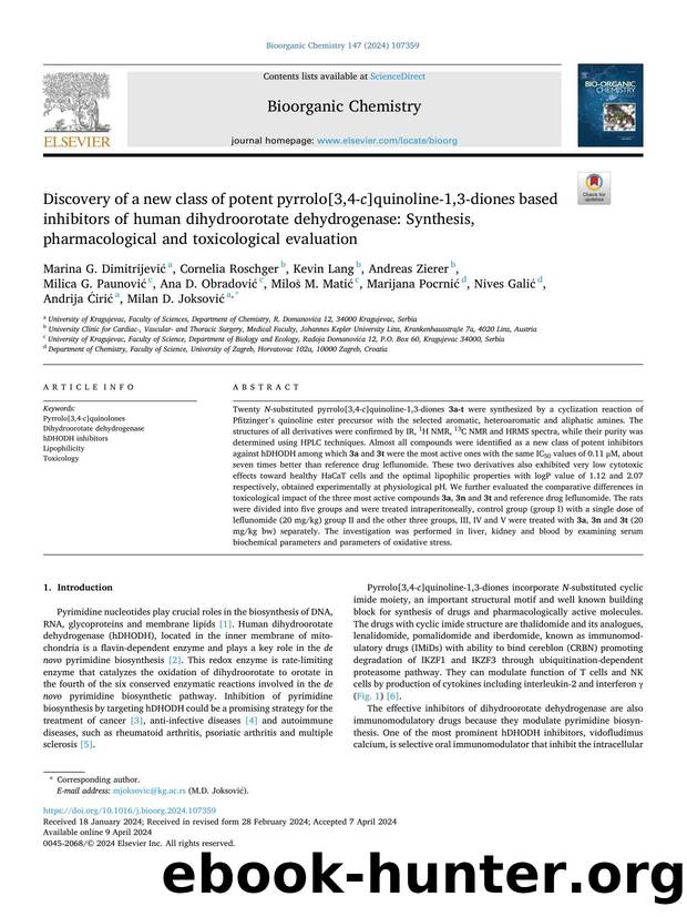 Discovery of a new class of potent pyrrolo[3,4- c ]quinoline-1,3-diones based inhibitors of human dihydroorotate dehydrogenase: Synthesis, pharmacological and toxicological evaluation by unknow