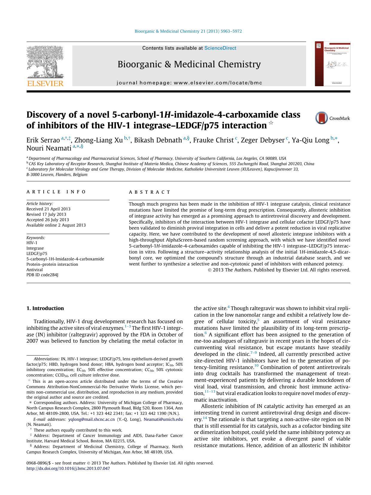 Discovery of a novel 5-carbonyl-1H-imidazole-4-carboxamide class of inhibitors of the HIV-1 integraseâLEDGFp75 interaction by unknow
