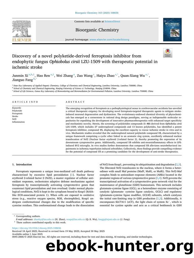 Discovery of a novel polyketide-derived ferroptosis inhibitor from endophytic fungus Ophiobolus cirsii LZU-1509 with therapeutic potential in ischemic stroke by Junmin Xi & Hao Ren & Wei Zhang & Zuo Wang & Haiyu Zhao & Quan-Xiang Wu & Jianguo Fang