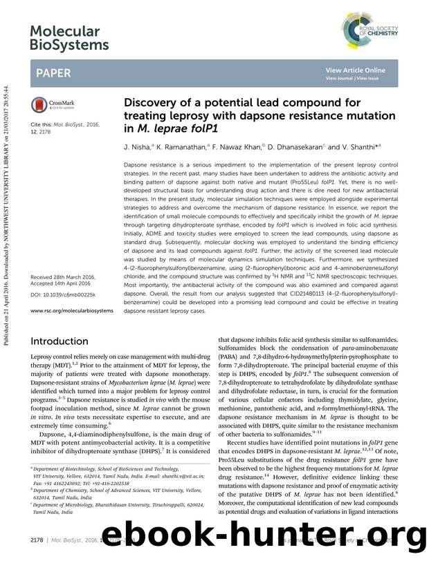 Discovery of a potential lead compound for treating leprosy with dapsone resistance mutation in M. leprae folP1 by J. Nisha & K. Ramanathan & F. Nawaz Khan & D. Dhanasekaran & V. Shanthi