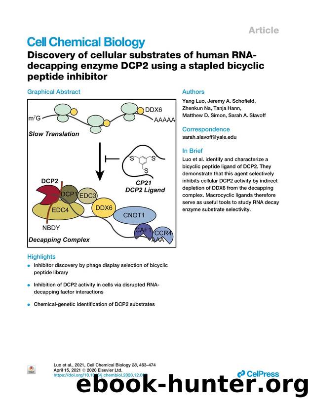 Discovery of cellular substrates of human RNA-decapping enzyme DCP2 using a stapled bicyclic peptide inhibitor by Yang Luo & Jeremy A. Schofield & Zhenkun Na & Tanja Hann & Matthew D. Simon & Sarah A. Slavoff
