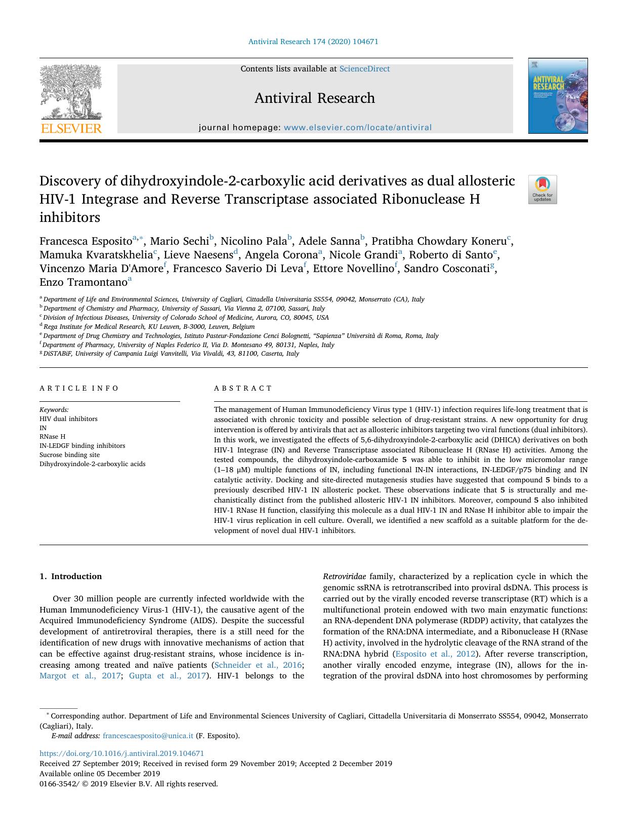 Discovery of dihydroxyindole-2-carboxylic acid derivatives as dual allosteric HIV-1 Integrase and Reverse Transcriptase associated Ribonuclease H inhibitors by Francesca Esposito