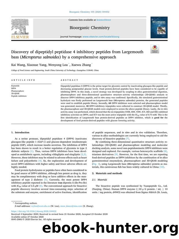 Discovery of dipeptidyl peptidase 4 inhibitory peptides from Largemouth bass ( Micropterus salmoides ) by a comprehensive approach by Kai Wang & Xiaoxue Yang & Wenyong Lou & Xuewu Zhang