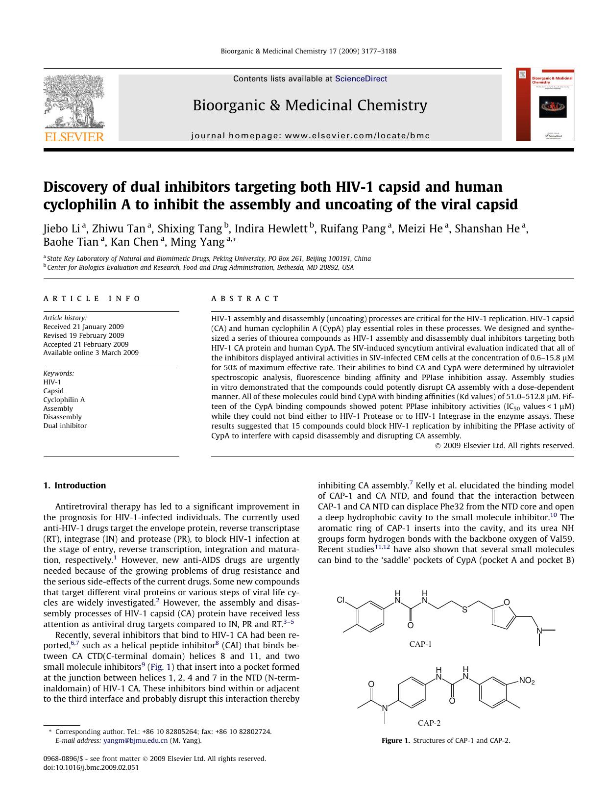 Discovery of dual inhibitors targeting both HIV-1 capsid and human cyclophilin A to inhibit the assembly and uncoating of the viral capsid by unknow