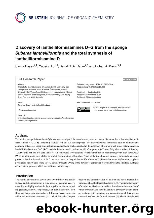 Discovery of ianthelliformisamines DâG from the sponge Suberea ianthelliformis and the total synthesis of ianthelliformisamine D by Sasha Hayes Yaoying Lu Bernd H. A. Rehm Rohan A. Davis