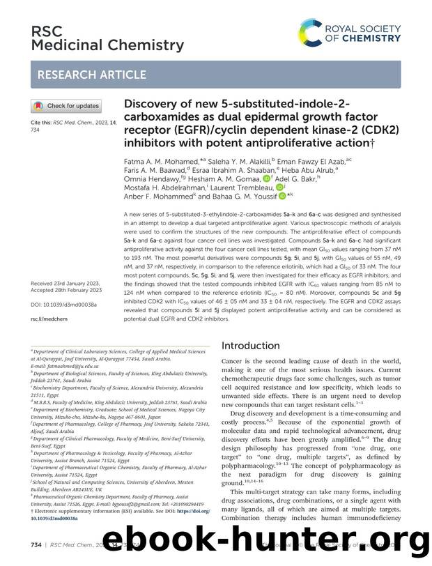 Discovery of new 5-substituted-indole-2-carboxamides as dual epidermal growth factor receptor (EGFR)cyclin dependent kinase-2 (CDK2) inhibitors with potent antiproliferative action by unknow
