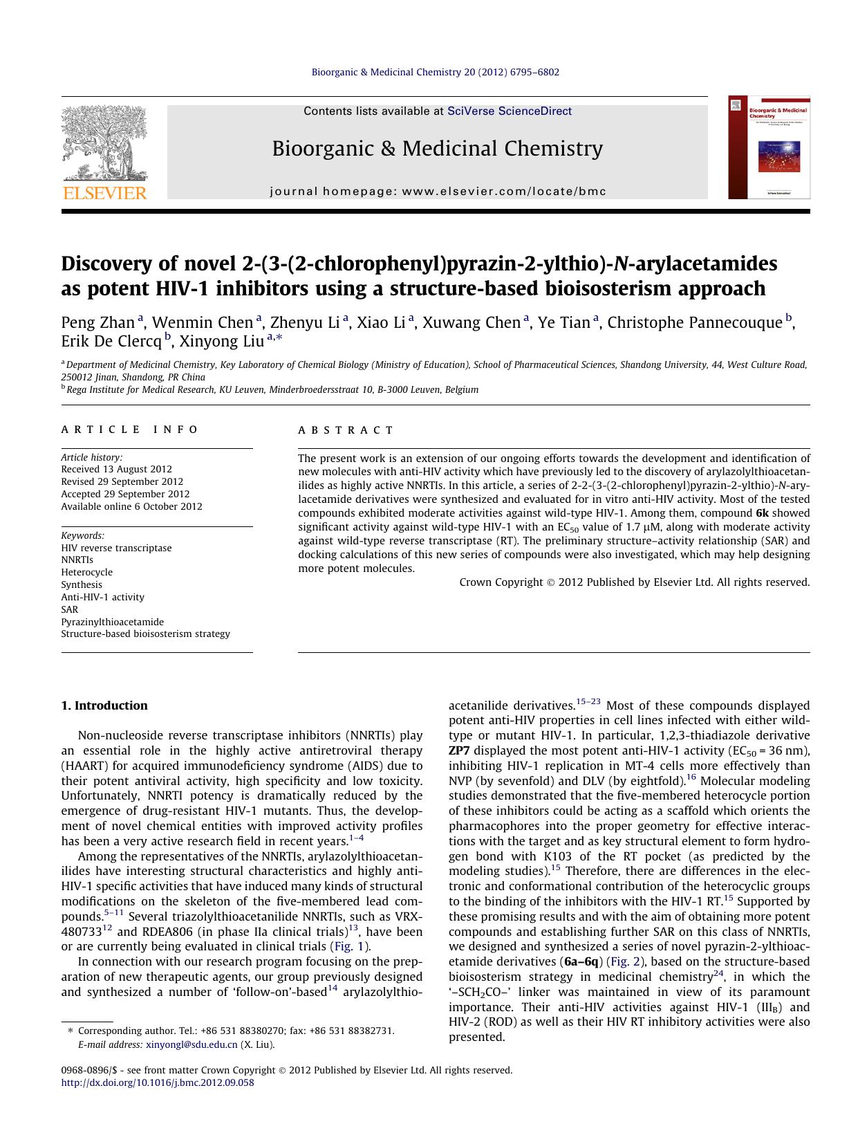 Discovery of novel 2-(3-(2-chlorophenyl)pyrazin-2-ylthio)-N-arylacetamides as potent HIV-1 inhibitors using a structure-based bioisosterism approach by unknow