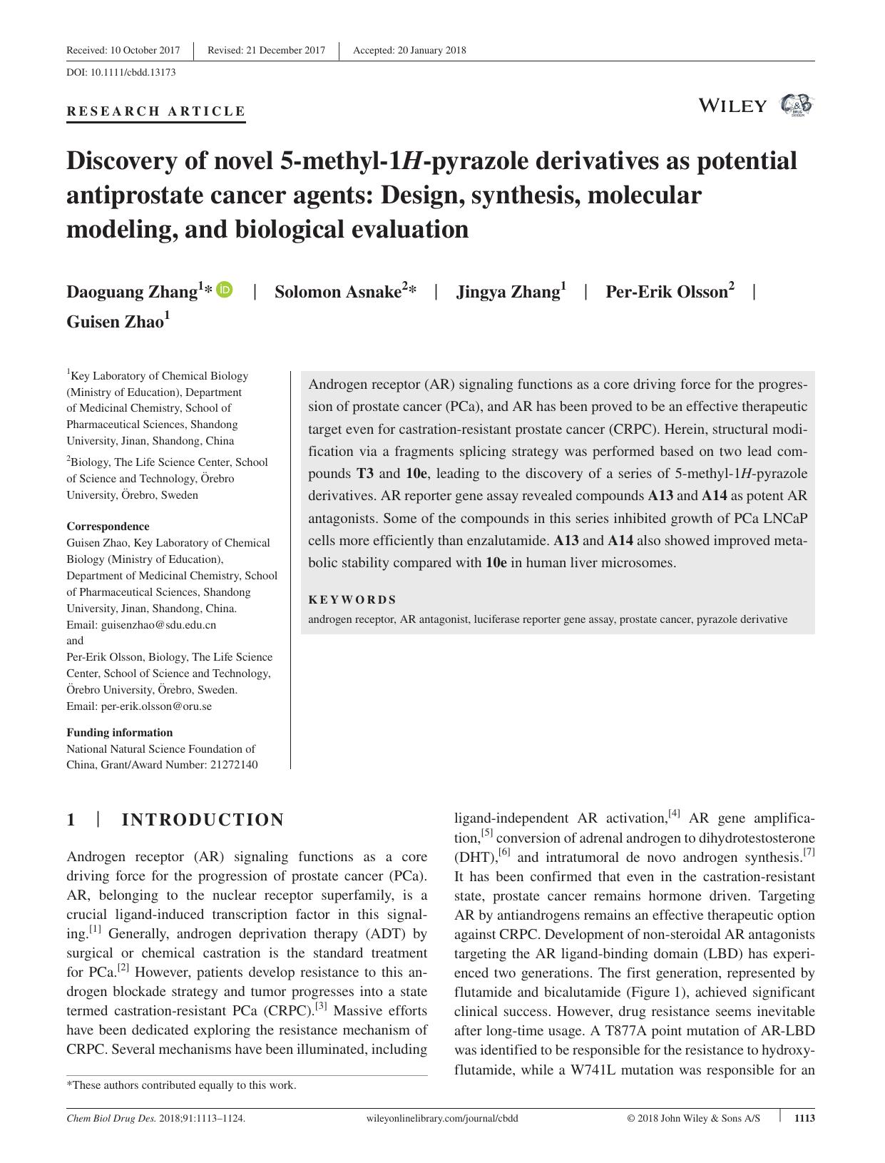 Discovery of novel 5‐methyl‐1H‐pyrazole derivatives as potential antiprostate cancer agents: Design, synthesis, molecular modeling, and biological evaluation by unknow