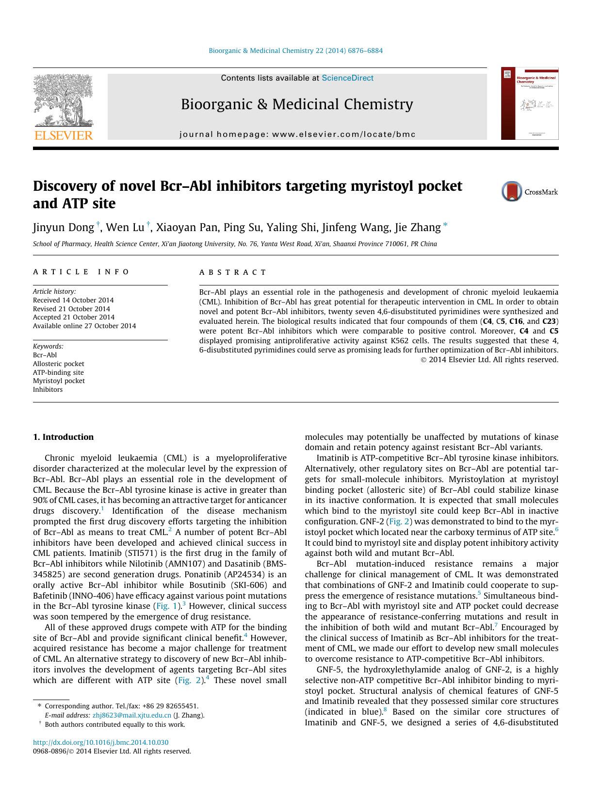 Discovery of novel BcrÃ¢â¬âAbl inhibitors targeting myristoyl pocket and ATP site by Jinyun Dong & Wen Lu & Xiaoyan Pan & Ping Su & Yaling Shi & Jinfeng Wang & Jie Zhang