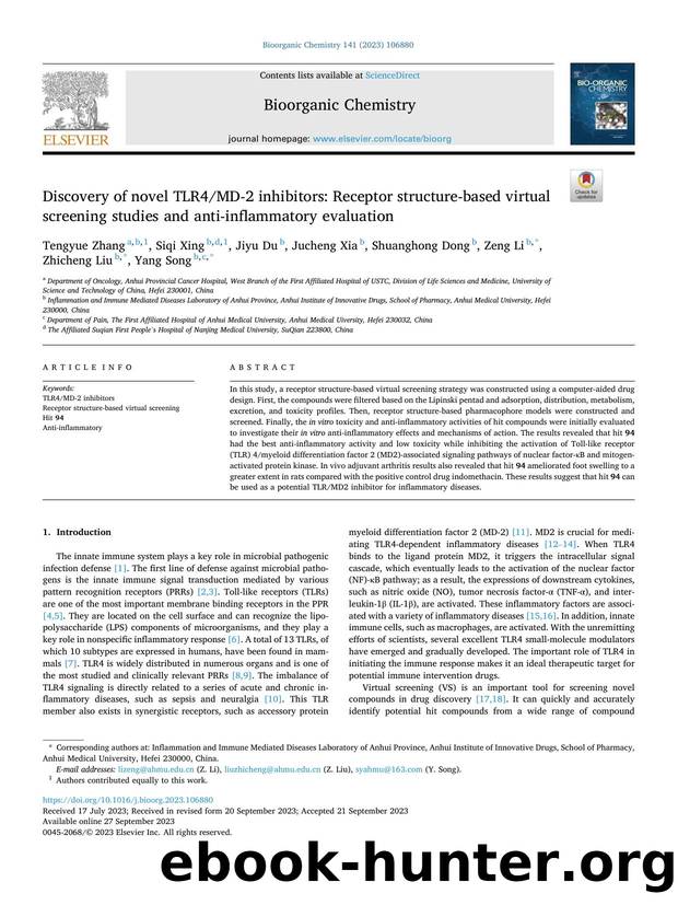 Discovery of novel TLR4MD-2 inhibitors: Receptor structure-based virtual screening studies and anti-inflammatory evaluation by unknow