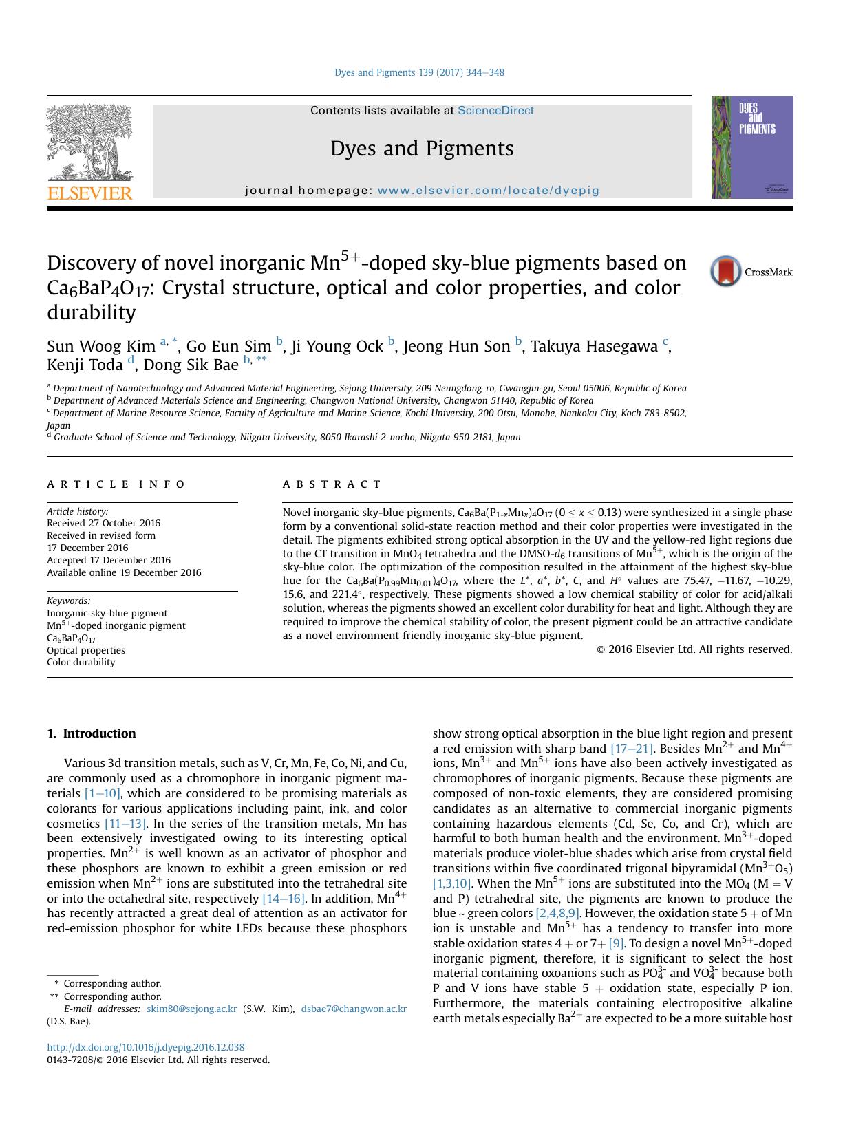Discovery of novel inorganic Mn5+-doped sky-blue pigments based on Ca6BaP4O17: Crystal structure, optical and color properties, and color durability by unknow
