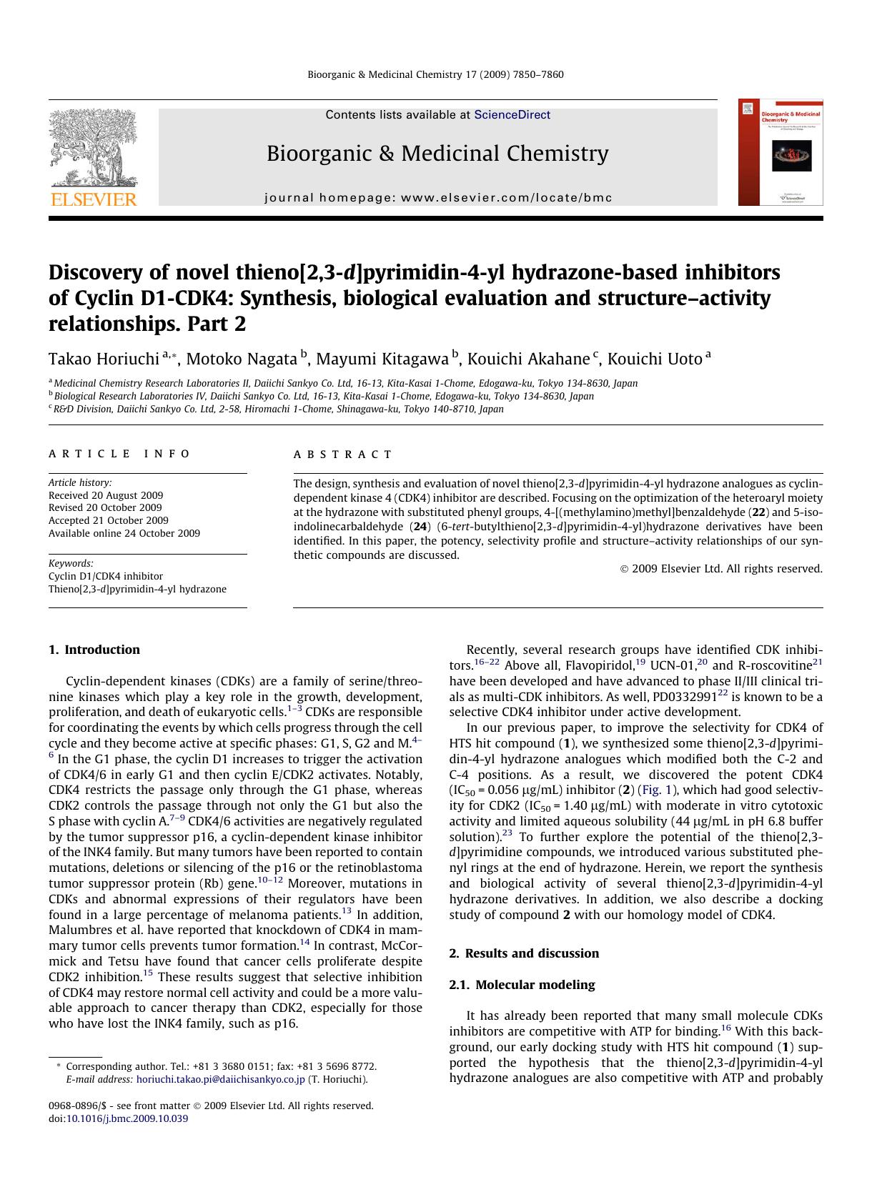 Discovery of novel thieno[2,3-d]pyrimidin-4-yl hydrazone-based inhibitors of Cyclin D1-CDK4: Synthesis, biological evaluation and structureâactivity relationships. Part 2 by Takao Horiuchi; Motoko Nagata; Mayumi Kitagawa; Kouichi Akahane; Kouichi Uoto