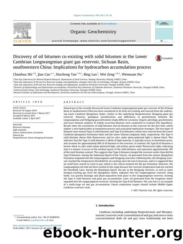 Discovery of oil bitumen co-existing with solid bitumen in the Lower Cambrian Longwangmiao giant gas reservoir, Sichuan Basin, southwestern China: Implications for hydrocarbon accumulation process by Chunhua Shi & Jian Cao & Xiucheng Tan & Bing Luo & Wei Zeng & Wenxuan Hu