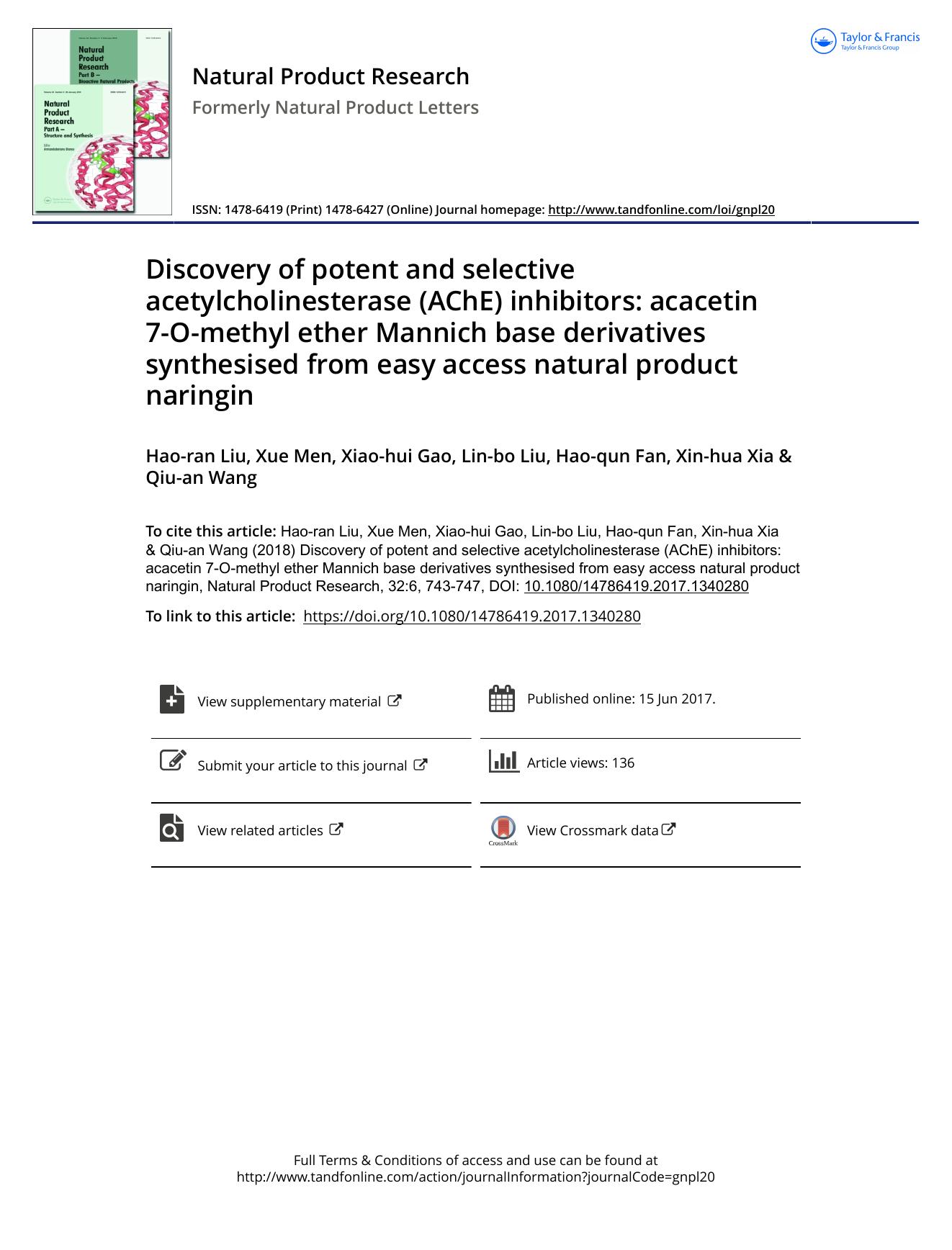 Discovery of potent and selective acetylcholinesterase (AChE) inhibitors: acacetin 7-O-methyl ether Mannich base derivatives synthesised from easy access natural product naringin by Hao-ran Liu & Xue Men & Xiao-hui Gao & Lin-bo Liu & Hao-qun Fan & Xin-hua Xia & Qiu-an Wang