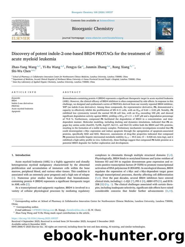 Discovery of potent indole-2-one-based BRD4 PROTACs for the treatment of acute myeloid leukemia by Zhao-Yang Wang & Yi-Ru Wang & Fengya Ge & Junmin Zhang & Rong Xiang & Shi-Wu Chen