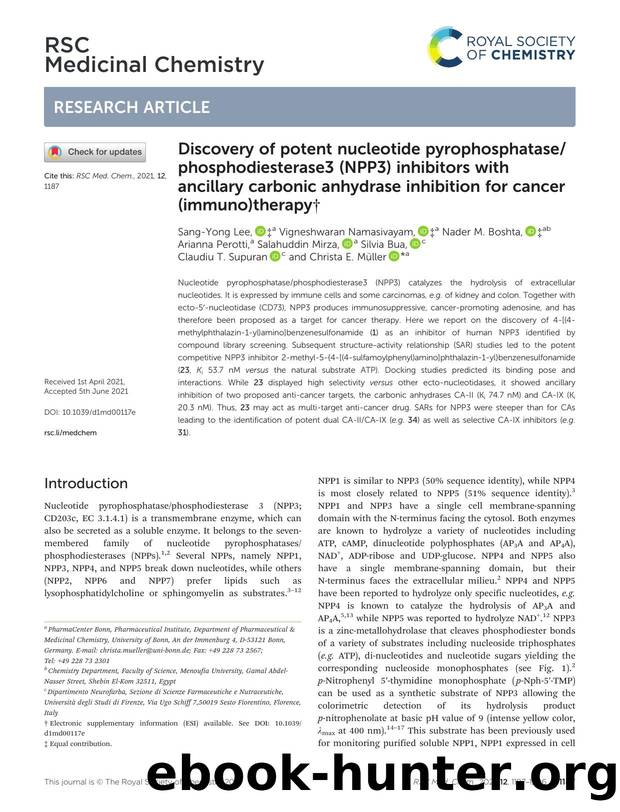 Discovery of potent nucleotide pyrophosphatasephosphodiesterase3 (NPP3) inhibitors with ancillary carbonic anhydrase inhibition for cancer (immuno)therapy by unknow