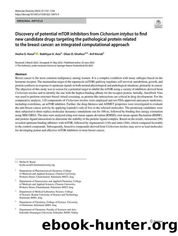 Discovery of potential mTOR inhibitors from Cichorium intybus to find new candidate drugs targeting the pathological protein related to the breast cancer: an integrated computational approach by Hezha O. Rasul & Bakhtyar K. Aziz & Dlzar D. Ghafour & Arif Kivrak