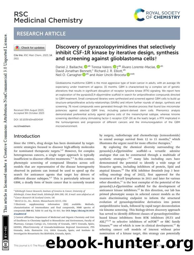 Discovery of pyrazolopyrimidines that selectively inhibit CSF-1R kinase by iterative design, synthesis and screening against glioblastoma cells by unknow