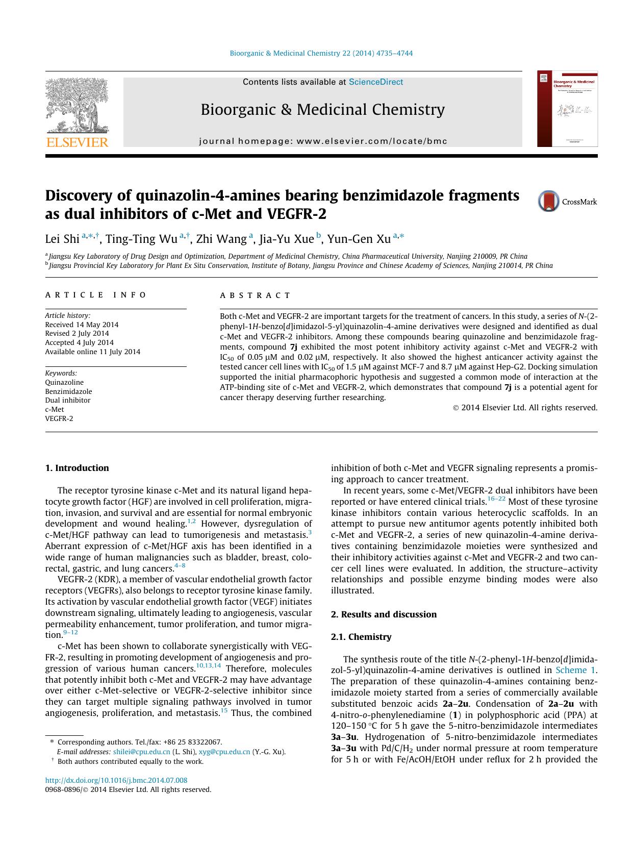 Discovery of quinazolin-4-amines bearing benzimidazole fragments as dual inhibitors of c-Met and VEGFR-2 by Lei Shi & Ting-Ting Wu & Zhi Wang & Jia-Yu Xue & Yun-Gen Xu