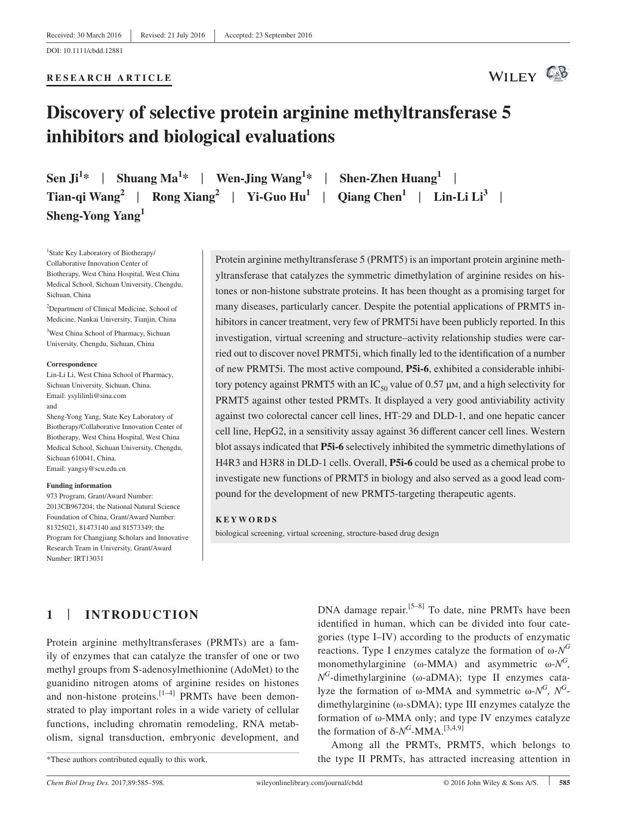 Discovery of selective protein arginine methyltransferase 5 inhibitors and biological evaluations by unknow
