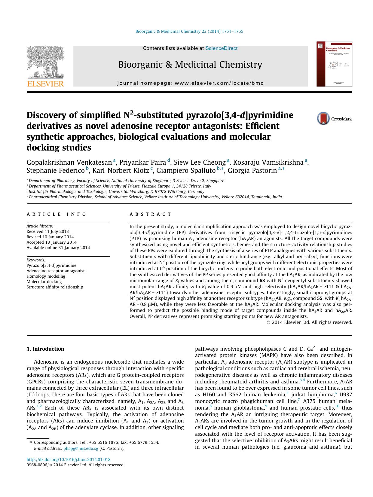 Discovery of simplified N2-substituted pyrazolo[3,4-d]pyrimidine derivatives as novel adenosine receptor antagonists: Efficient synthetic approaches, biological evaluations and mol by unknow