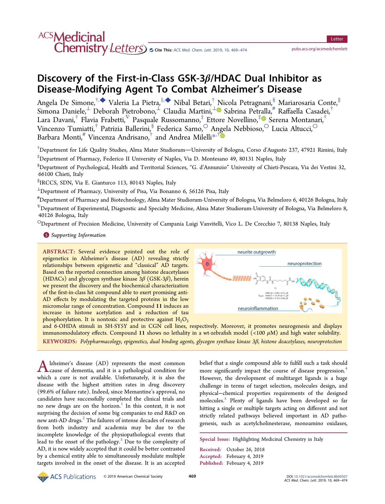 Discovery of the First-in-Class GSK-3Î²HDAC Dual Inhibitor as Disease-Modifying Agent To Combat Alzheimerâs Disease by unknow