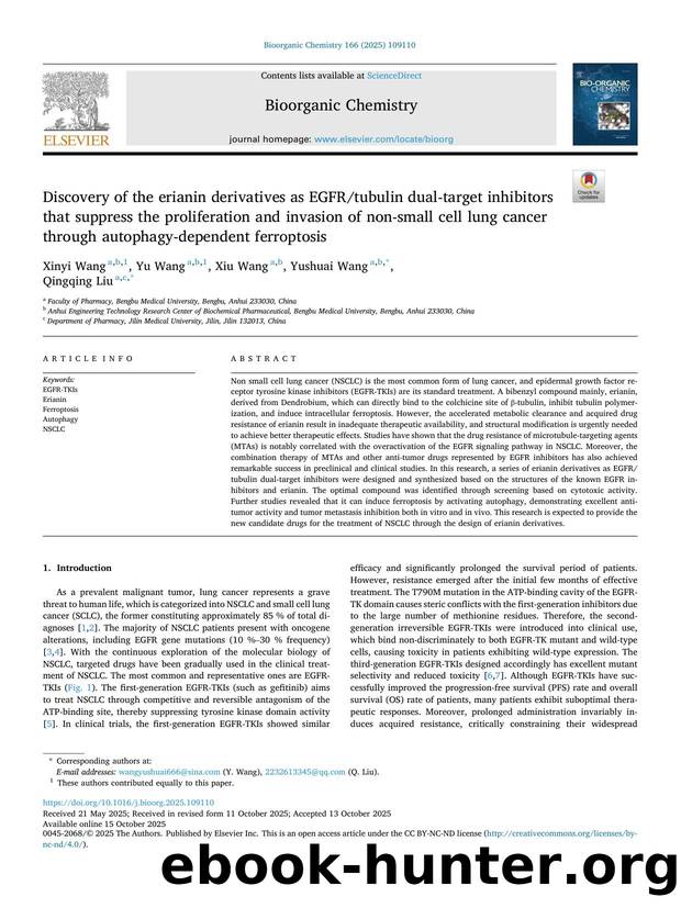 Discovery of the erianin derivatives as EGFRtubulin dual-target inhibitors that suppress the proliferation and invasion of non-small cell lung cancer through autophagy-dependent ferroptosis by Xinyi Wang & Yu Wang & Xiu Wang & Yushuai Wang & Qingqing Liu