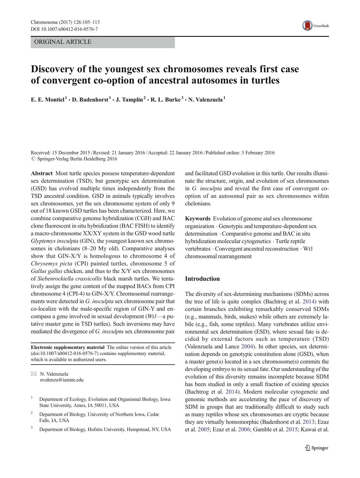 Discovery of the youngest sex chromosomes reveals first case of convergent co-option of ancestral autosomes in turtles by E. E. Montiel & D. Badenhorst & J. Tamplin & R. L. Burke & N. Valenzuela