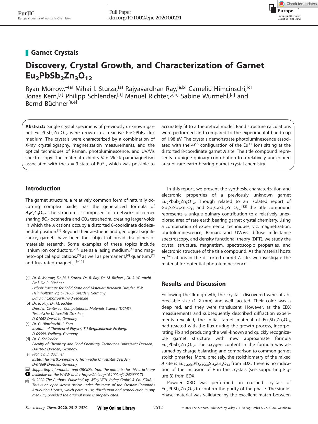 Discovery, Crystal Growth, and Characterization of Garnet Eu2PbSb2Zn3O12 by Unknown