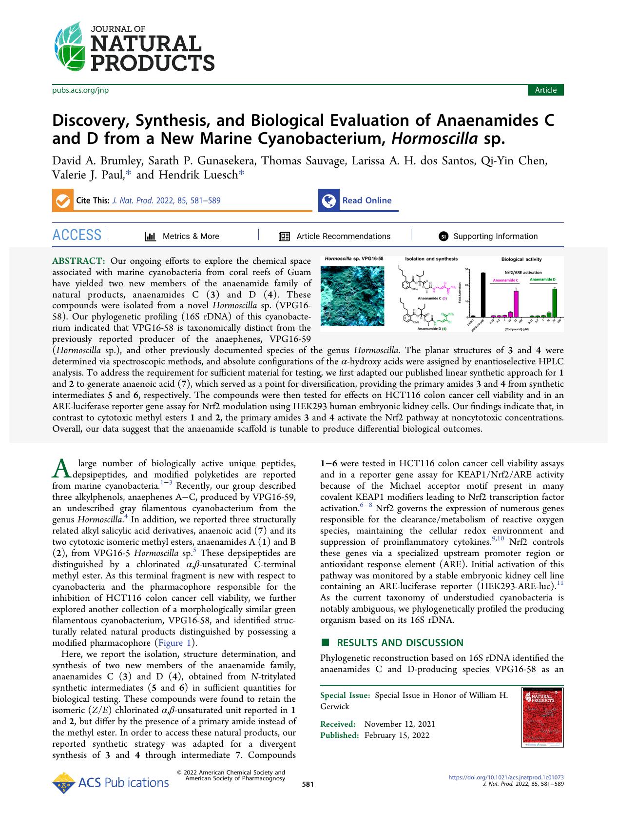 Discovery, Synthesis, and Biological Evaluation of Anaenamides C and D from a New Marine Cyanobacterium, Hormoscilla sp. by unknow