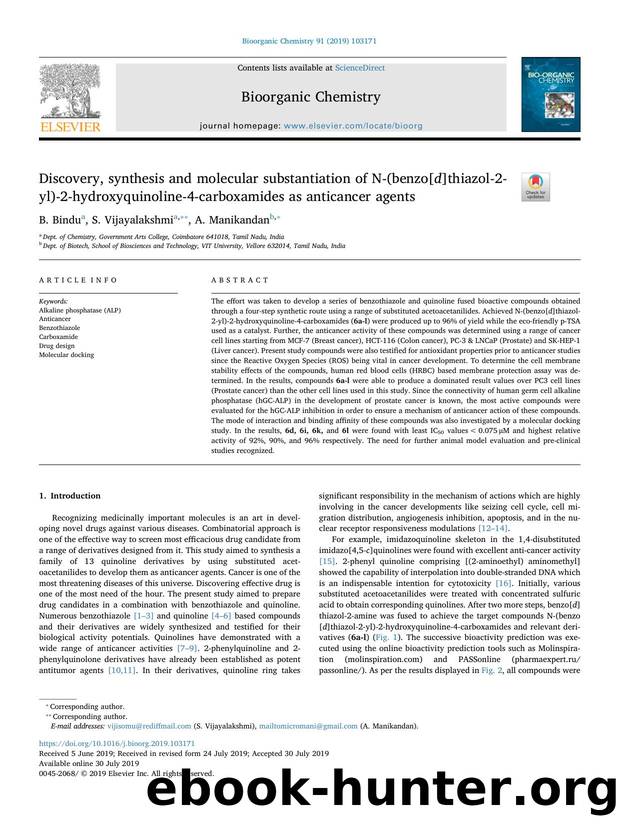Discovery, synthesis and molecular substantiation of N-(benzo[d]thiazol-2-yl)-2-hydroxyquinoline-4-carboxamides as anticancer agents by B. Bindu & S. Vijayalakshmi & A. Manikandan