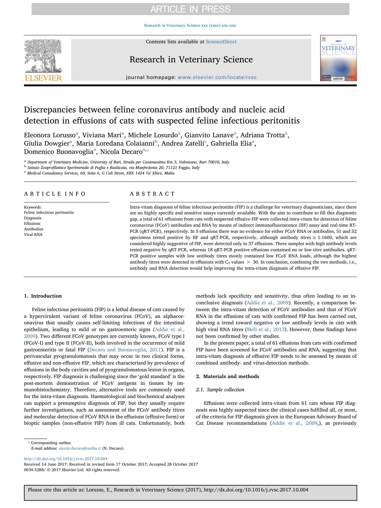 Discrepancies between feline coronavirus antibody and nucleic acid detection in effusions of cats with suspected feline infectious peritonitis by unknow