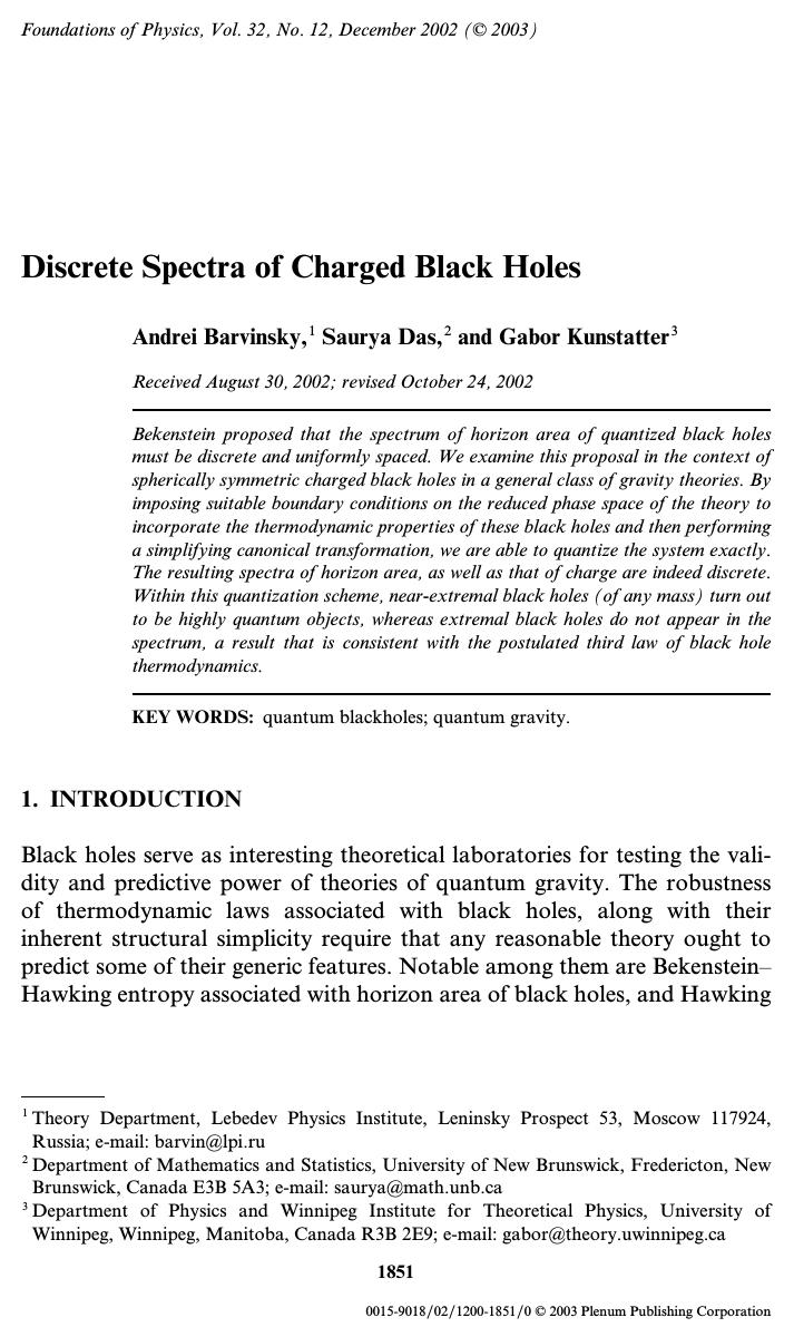Discrete Spectra of Charged Black Holes by Unknown