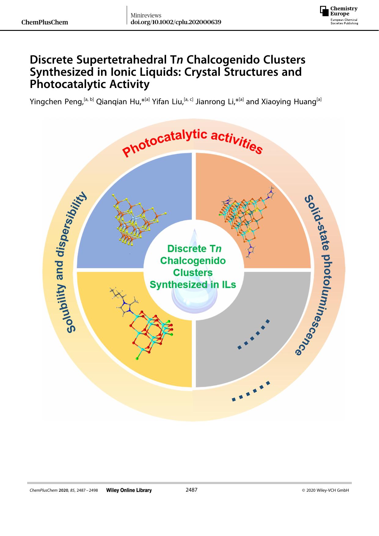 Discrete Supertetrahedral Tn Chalcogenido Clusters Synthesized in Ionic Liquids: Crystal Structures and Photocatalytic Activity by Unknown