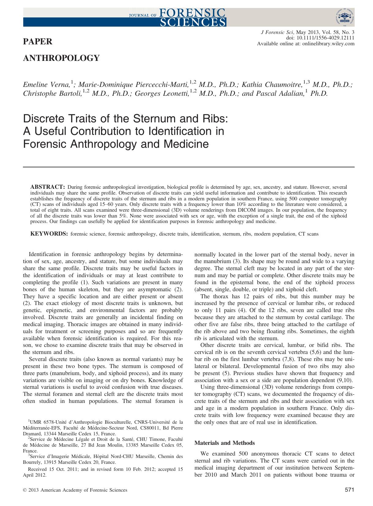 Discrete Traits of the Sternum and Ribs: A Useful Contribution to Identification in Forensic Anthropology and Medicine by Unknown