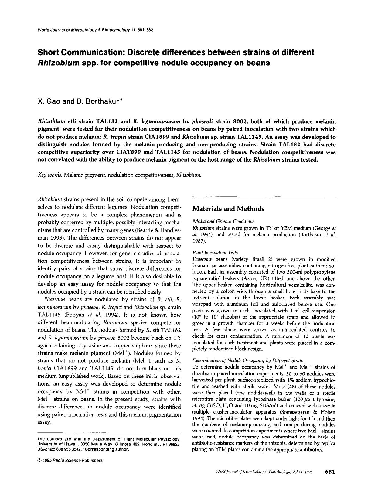 Discrete differences between strains of different <Emphasis Type="Italic">Rhizobium<Emphasis> spp. for competitive nodule occupancy on beans by Unknown