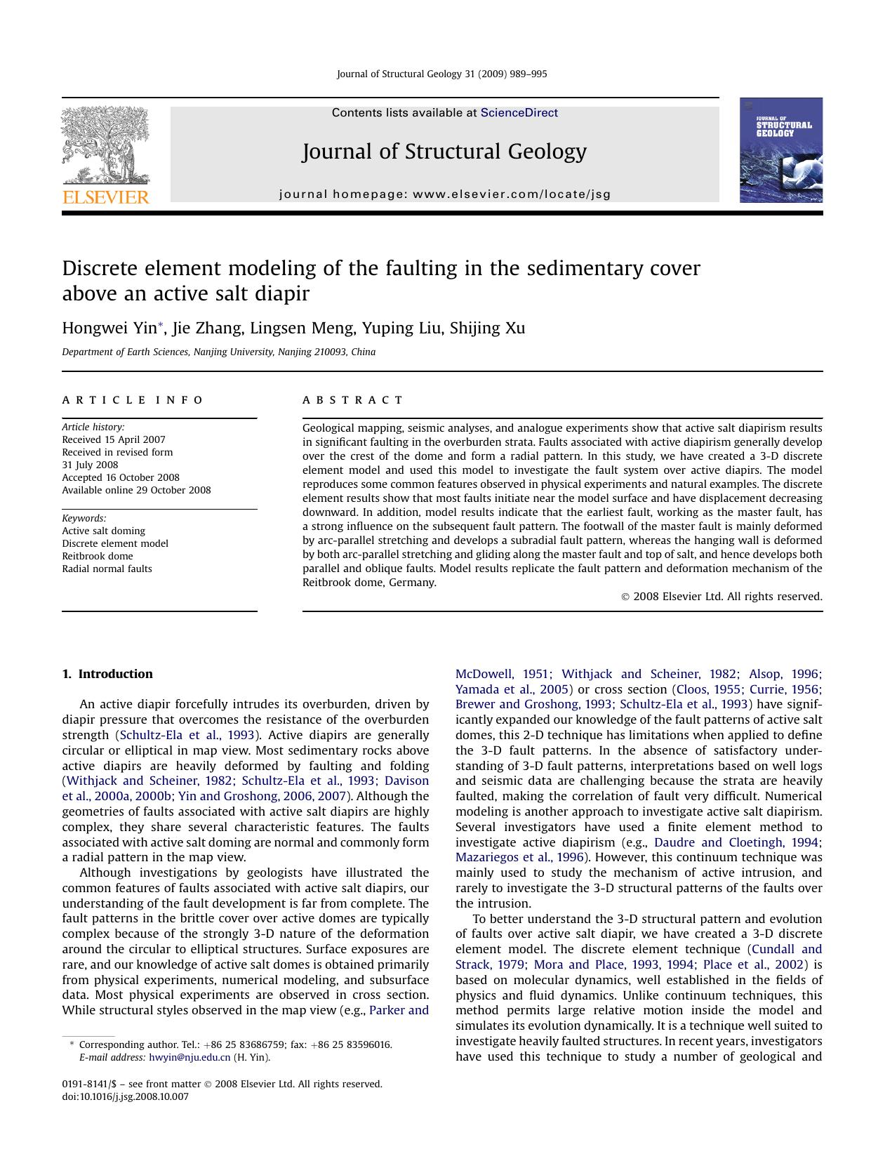 Discrete element modeling of the faulting in the sedimentary cover above an active salt diapir by Hongwei Yin; Jie Zhang; Lingsen Meng; Yuping Liu; Shijing Xu