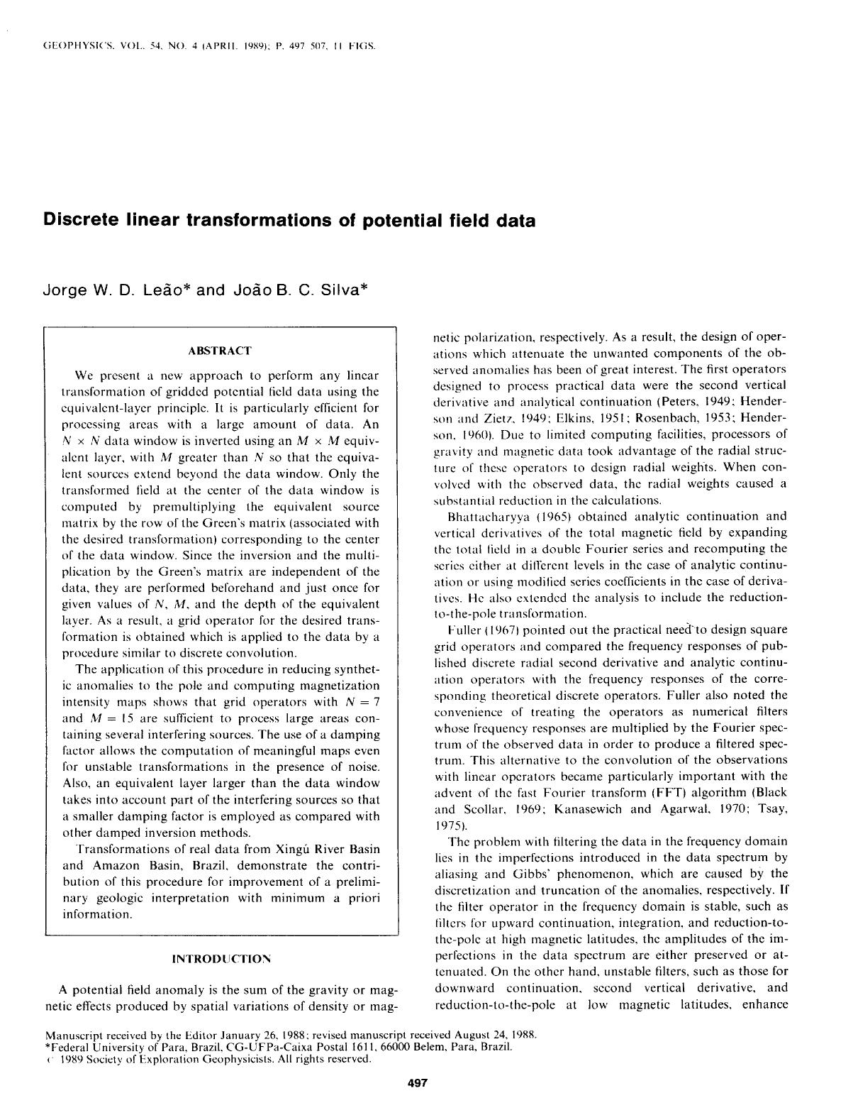Discrete linear transformations of potential field data by Leao J. W. D.; Silva J. B. C