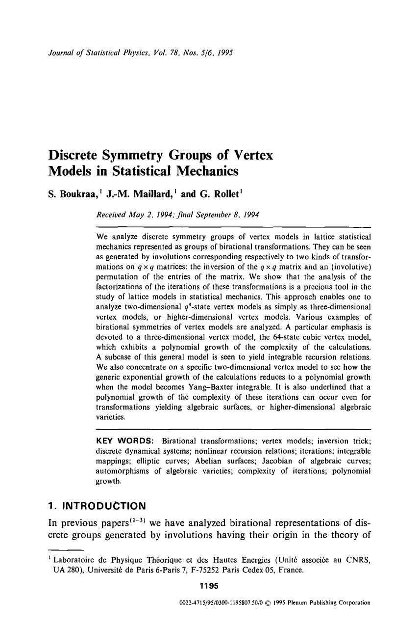 Discrete symmetry groups of vertex models in statistical mechanics by Unknown