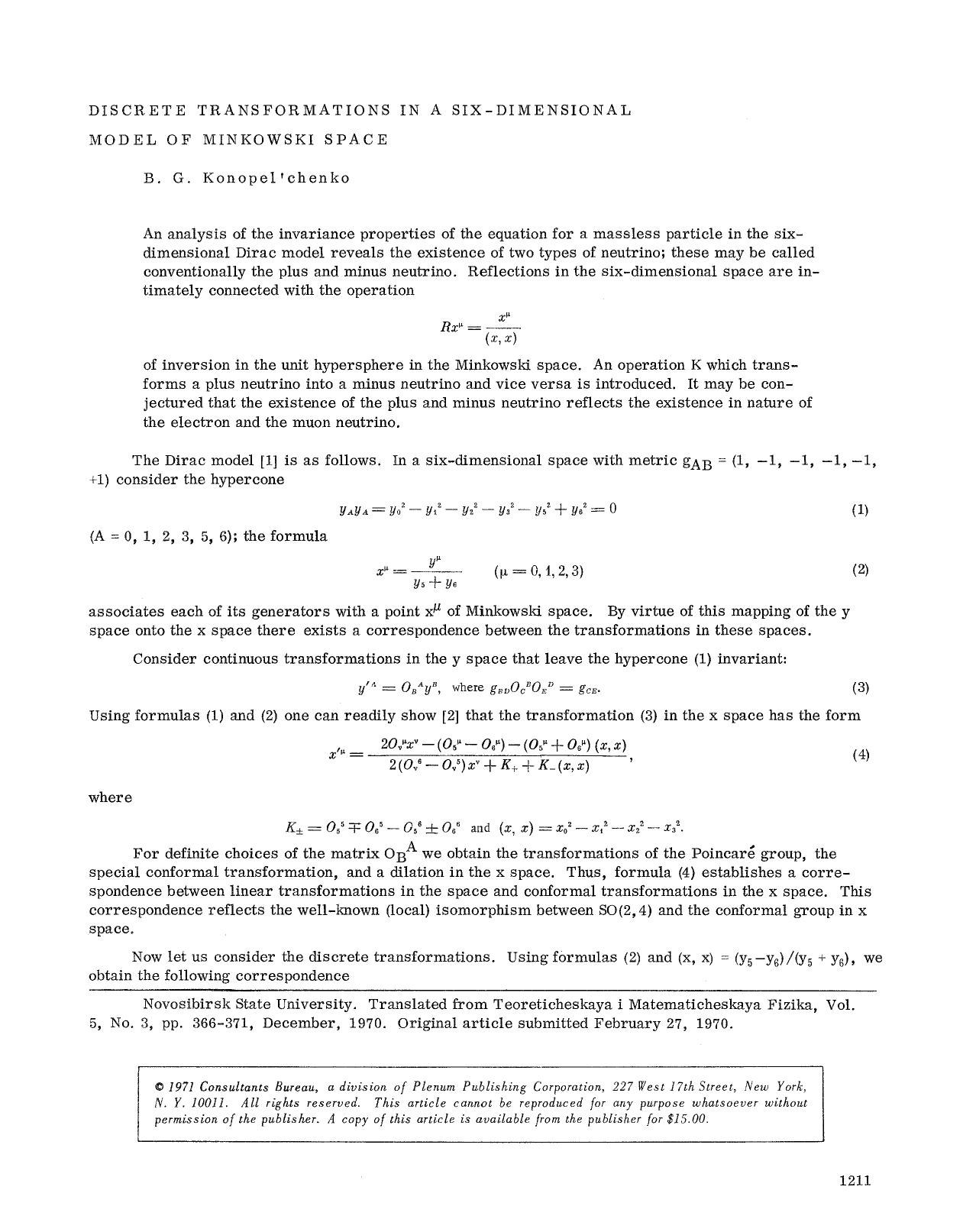 Discrete transformations in a six-dimensional model of Minkowski space by Unknown