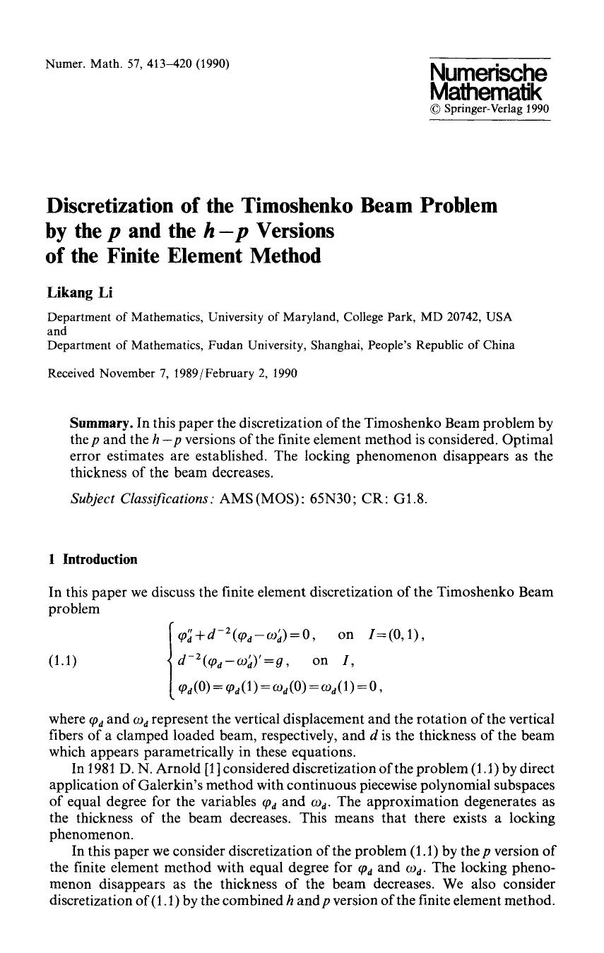 Discretization of the Timoshenko Beam problem by the <Emphasis Type="Italic">p <Emphasis> and the <Emphasis Type="Italic">h-p <Emphasis> versions of the finite element method by Unknown