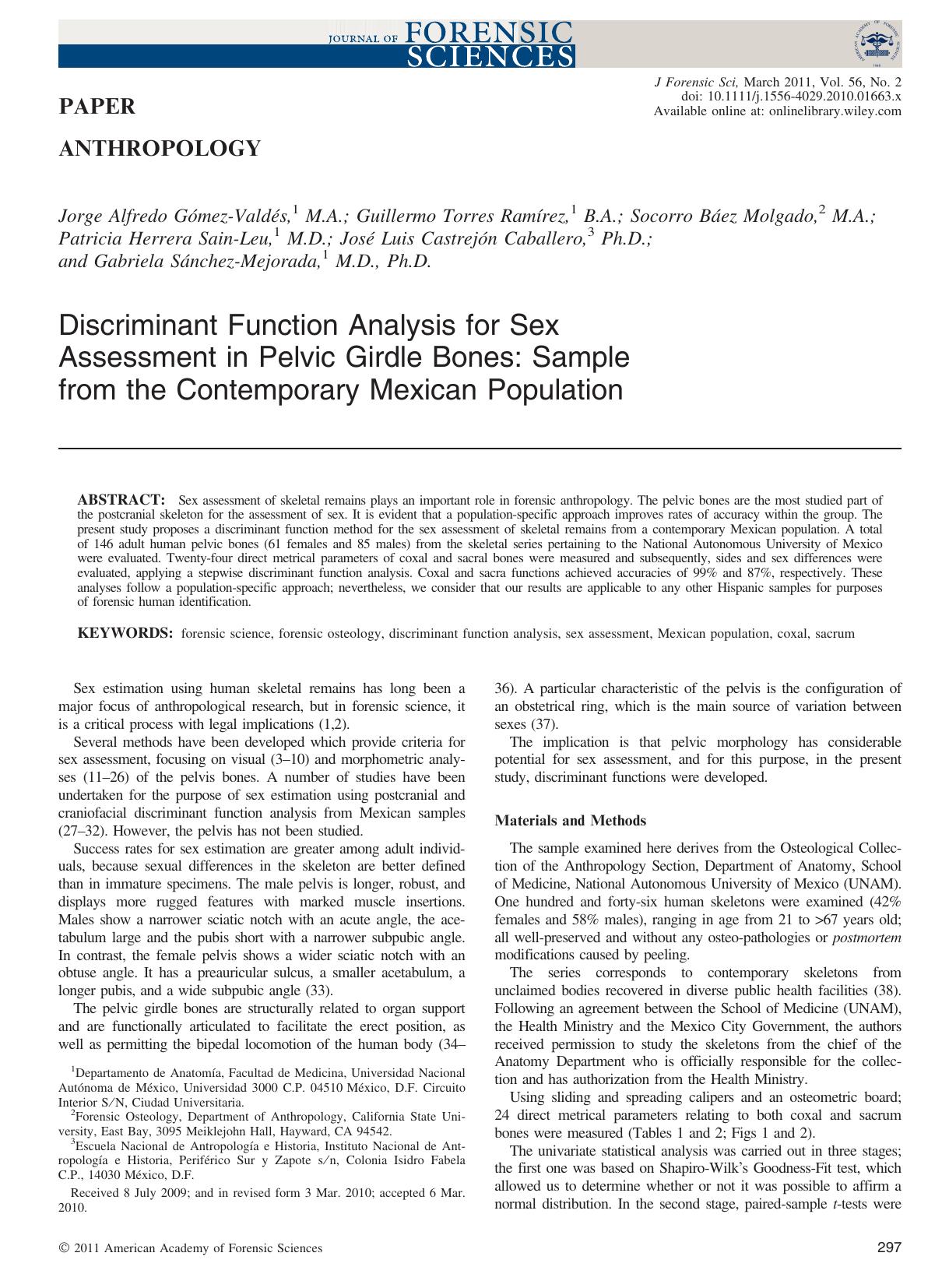 Discriminant Function Analysis for Sex Assessment in Pelvic Girdle Bones: Sample from the Contemporary Mexican Population by Unknown