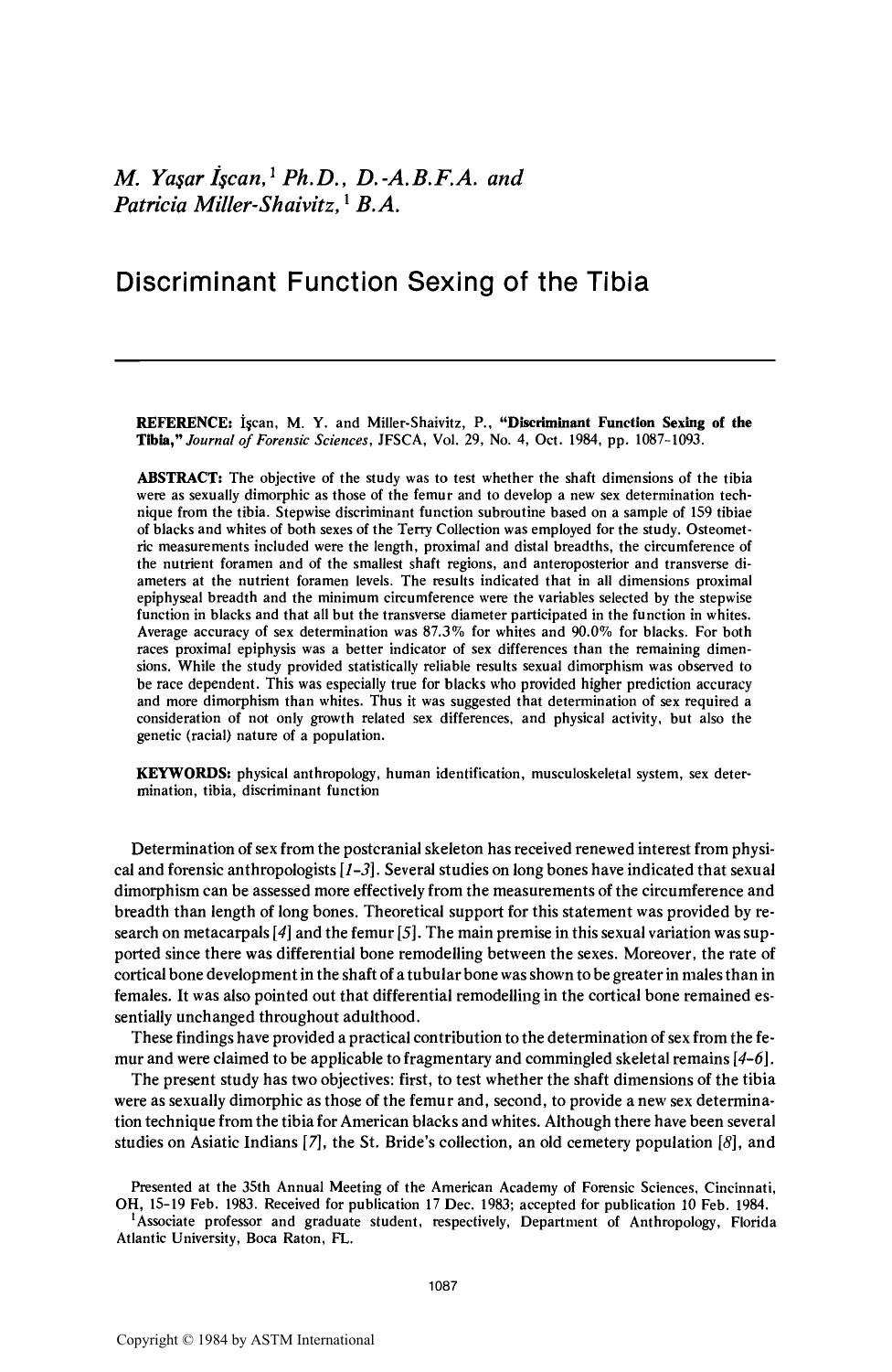Discriminant Function Sexing of the Tibia by I & scedil;can MY Miller-Shaivitz P