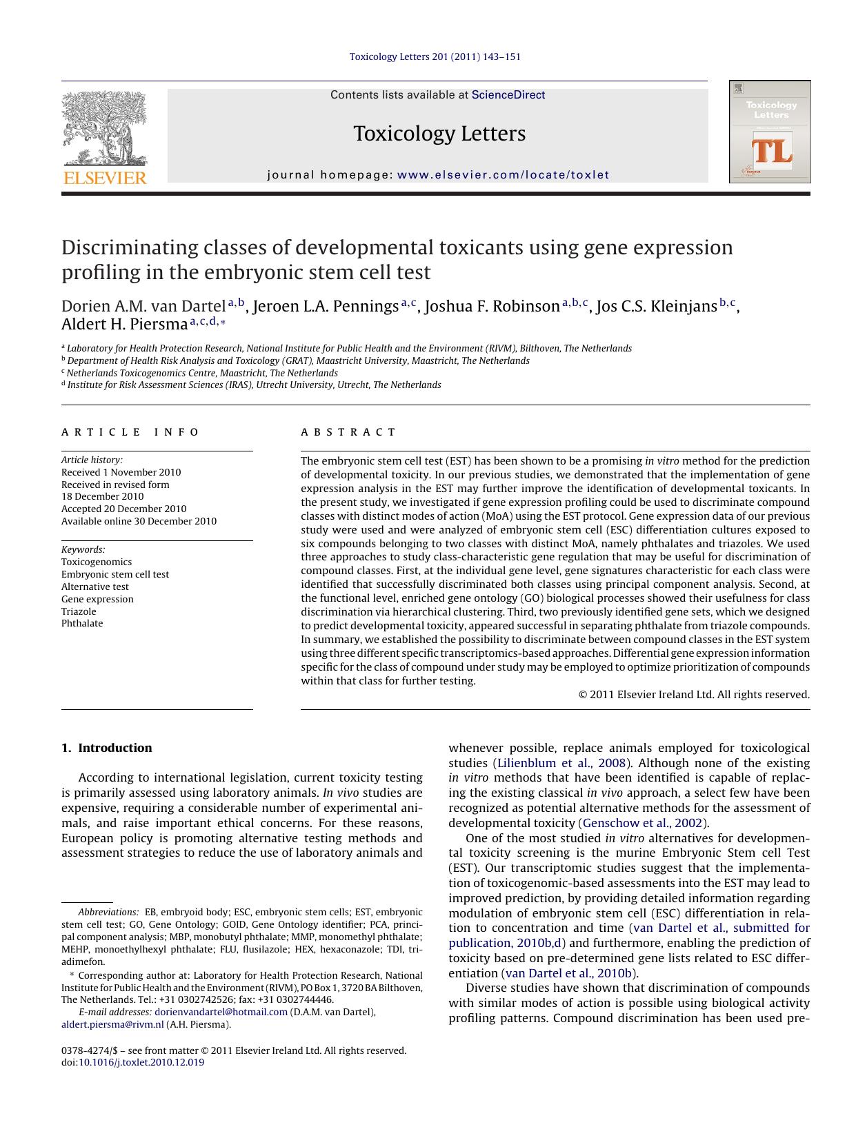 Discriminating classes of developmental toxicants using gene expression profiling in the embryonic stem cell test by Dorien A.M. van Dartel