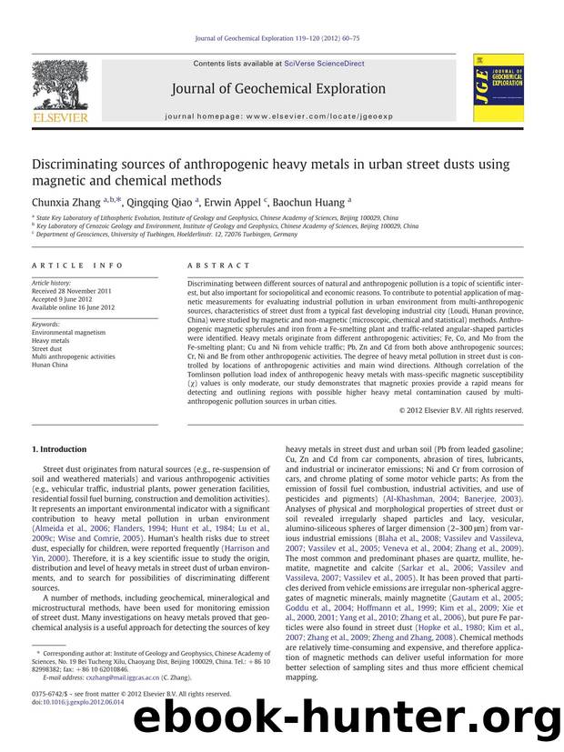 Discriminating sources of anthropogenic heavy metals in urban street dusts using magnetic and chemical methods by Chunxia Zhang & Qingqing Qiao & Erwin Appel & Baochun Huang