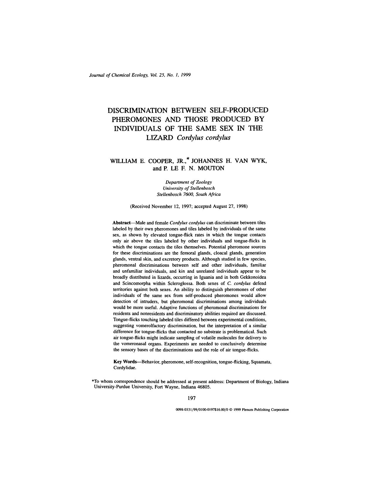 Discrimination Between Self-Produced Pheromones and Those Produced by Individuals of the Same Sex in the Lizard <Emphasis Type="Italic">Cordylus cordylus<Emphasis> by Unknown