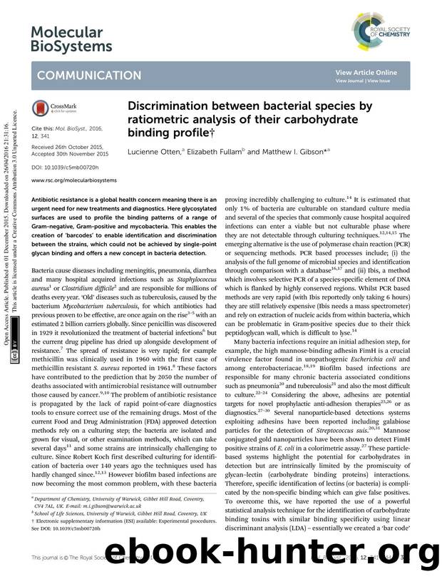 Discrimination between bacterial species by ratiometric analysis of their carbohydrate binding profile by Lucienne Otten & Elizabeth Fullam & Matthew I. Gibson