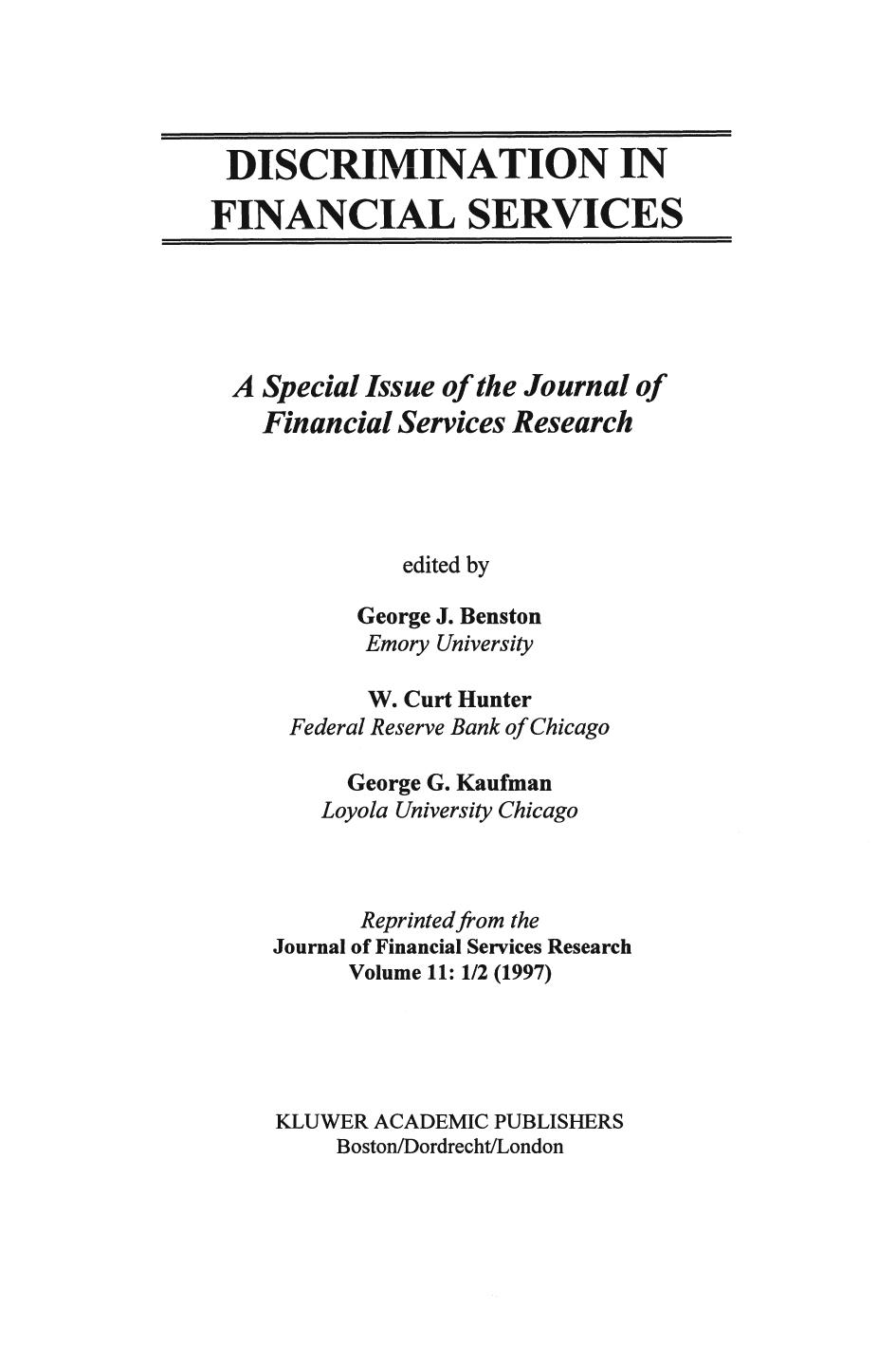 Discrimination in Financial Services: A Special Issue of the Journal of Financial Services Research by unknow